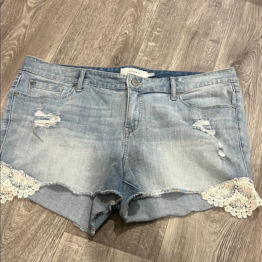 Torrid Light Blue Jean Shorts with Lace Accents